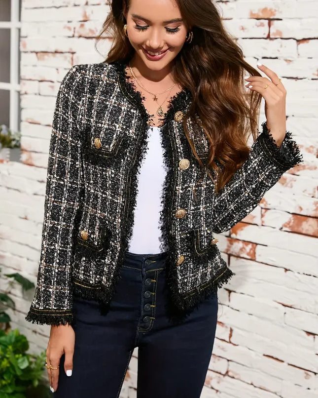 Aveline's Elegant Tweed Jacket With Gold Buttons