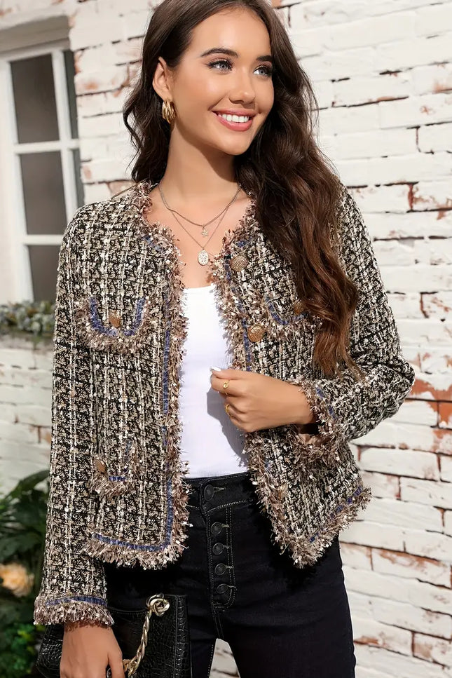 Aveline's Elegant Tweed Jacket With Gold Buttons