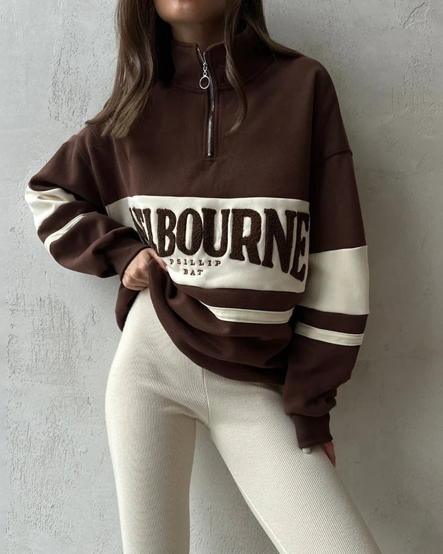 Aveline's Retro Oversized Half-Zip Sweatshirt With Melbourne Print