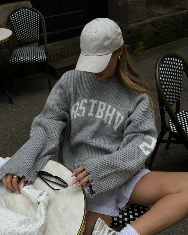 Aveline's Oversized Vintage Letter Sweater With Distressed Detailing