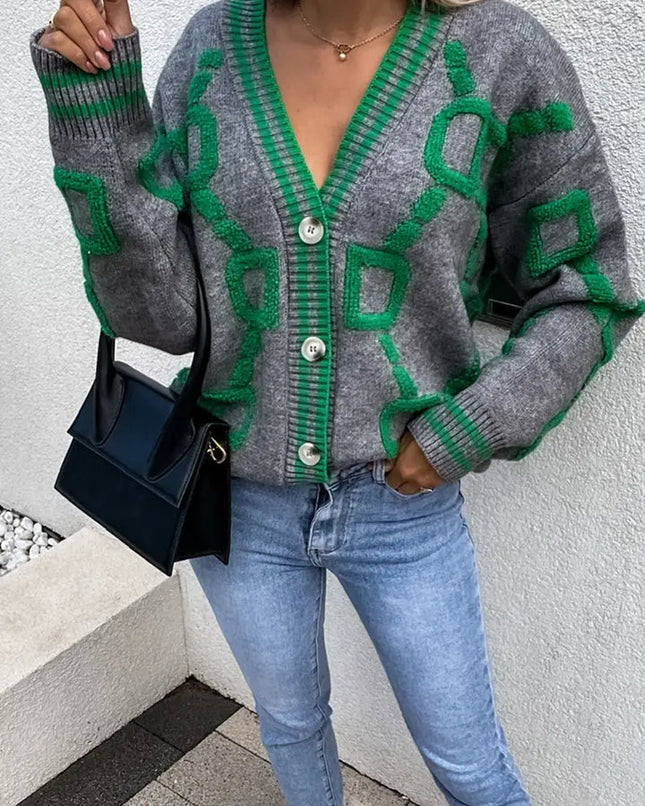 Aveline's Vintage Knit Cardigan Button-Up With Geometric Pattern