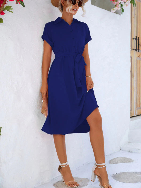 Aveline's Button-Up Shirt Dress with Waist Tie and Collared Neckline