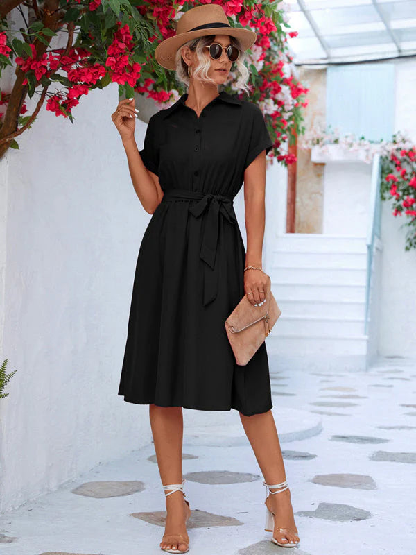 Aveline's Button-Up Shirt Dress with Waist Tie and Collared Neckline