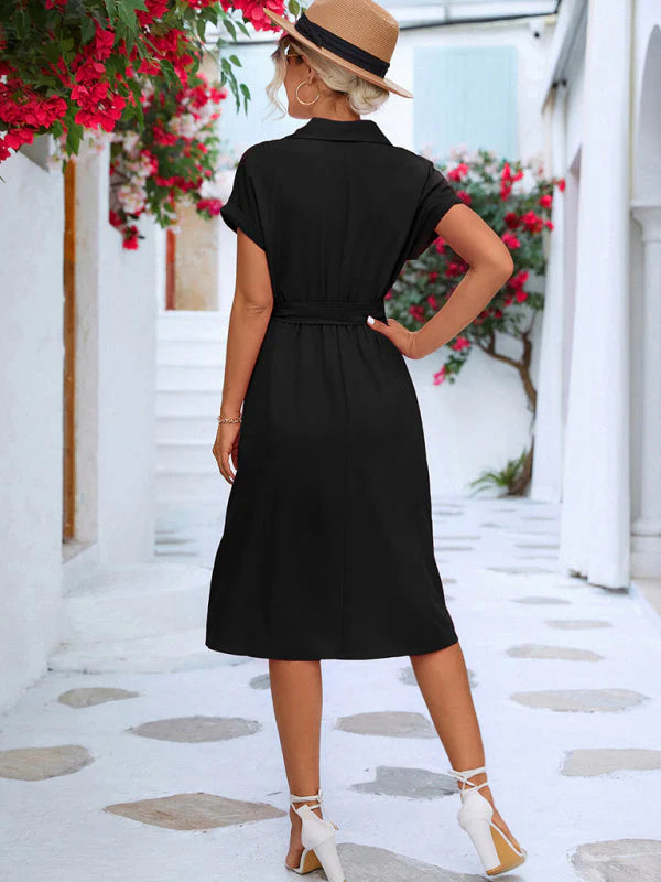 Aveline's Button-Up Shirt Dress with Waist Tie and Collared Neckline