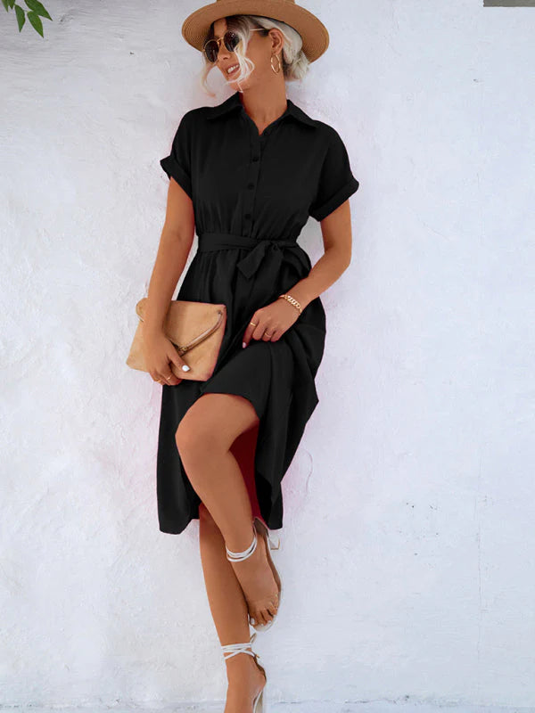 Aveline's Button-Up Shirt Dress with Waist Tie and Collared Neckline