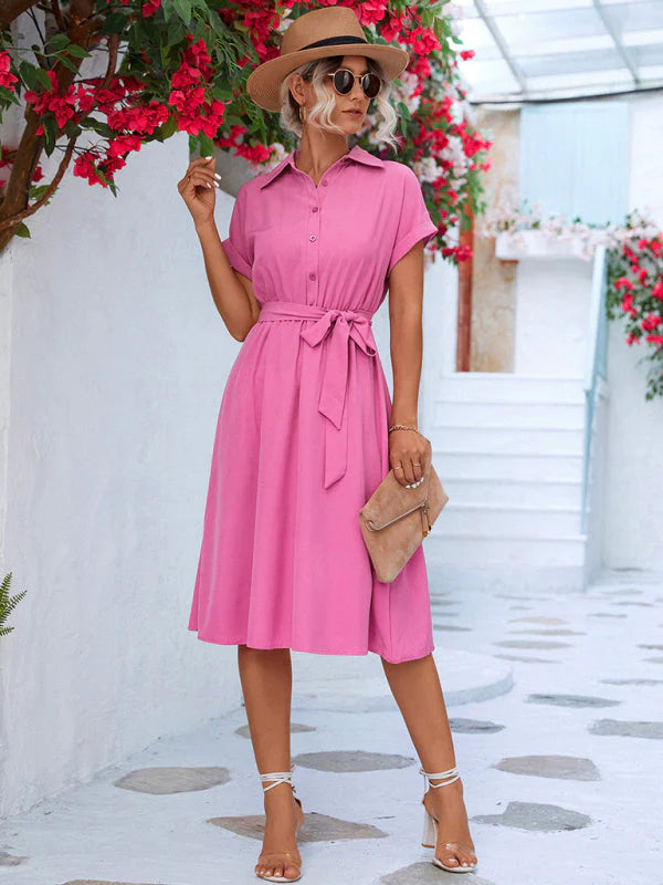 Aveline's Button-Up Shirt Dress with Waist Tie and Collared Neckline